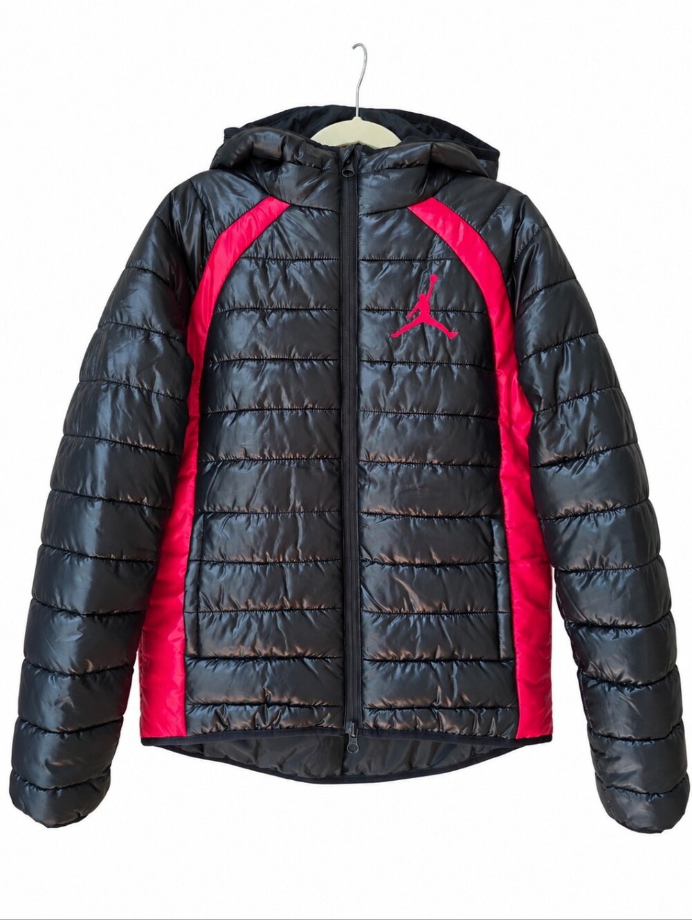 Jordan Kids Shiny Puffer Jacket Black Red Size M 10-12 Hooded